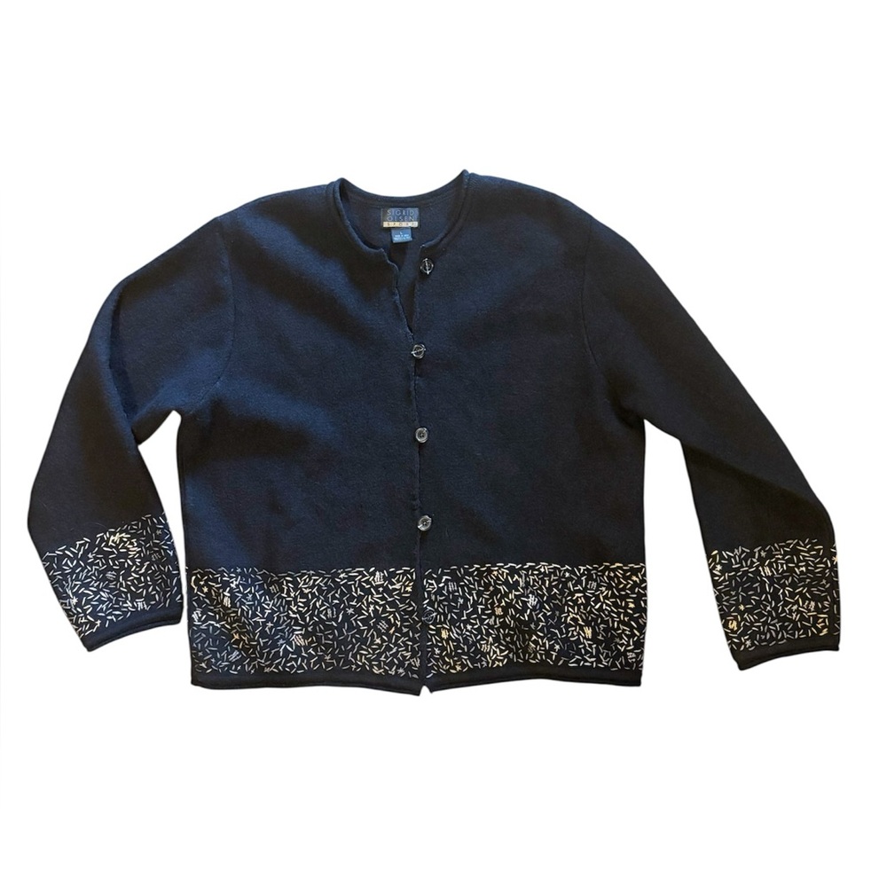 100% Shetland Wool Embroidered Black Cardigan Sz L